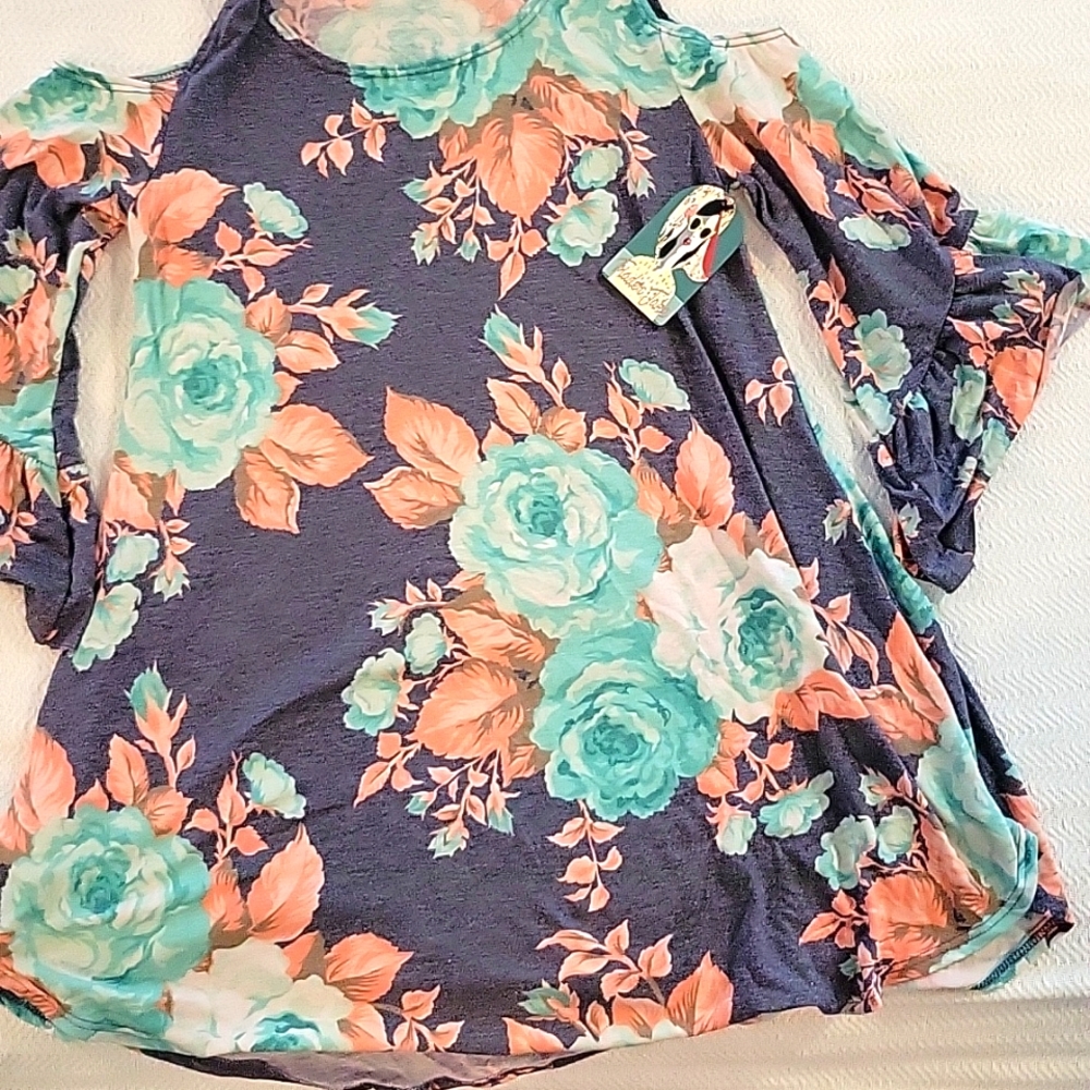 Boutique Navy Blue Ruffle Sleeve Top